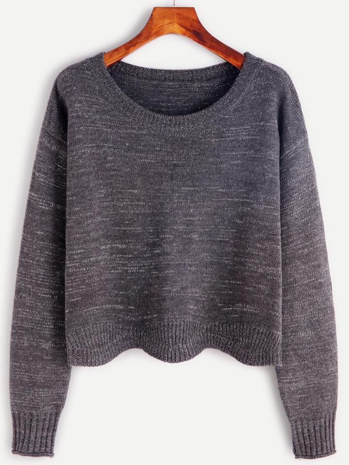 Shein Grey Marled Knit Scallop Hem Crop Sweater