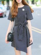 Shein Navy Crew Neck Tie-waist Asymmetric Dress