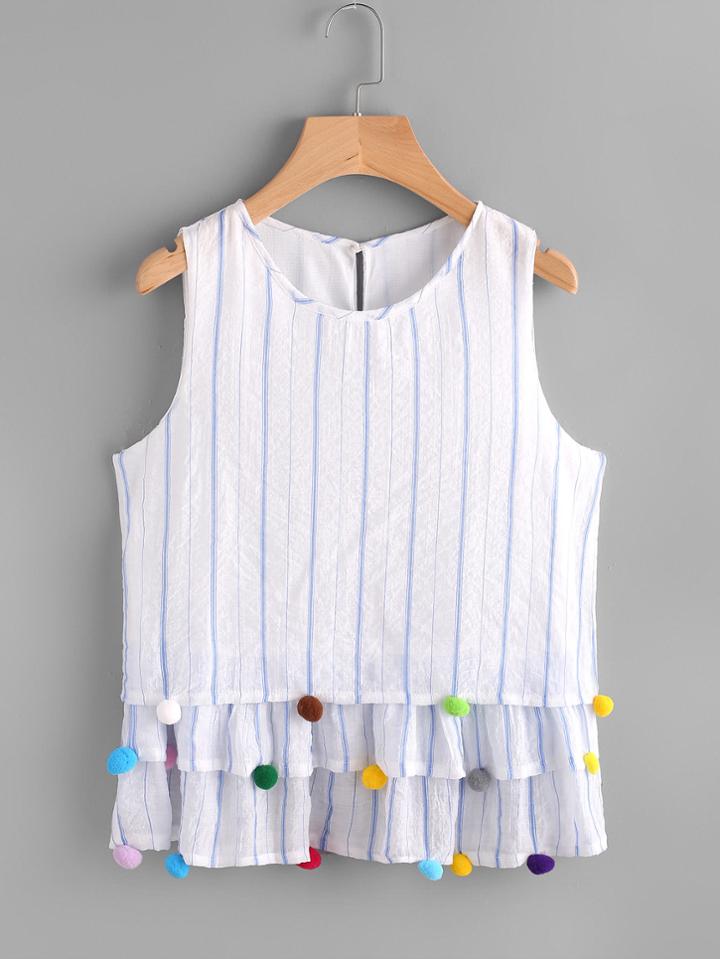 Shein Vertical Striped Pom Pom Trim Tiered Hem Top