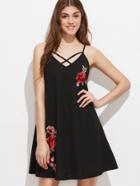 Shein Black Crisscross V Neck Embroidered Rose Applique Cami Dress