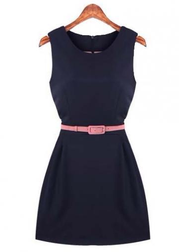 Rosewe Pretty Belt Decoration Round Neck Skater Dress With Belt