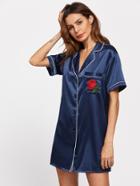 Shein Rose Patch Revere Collar Contrast Binding Pajama Shirt