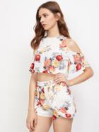 Shein Open Shoulder Floral Top With Ruffle Trim Shorts