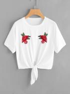 Shein Embroidery Tie Hem Crop Tee