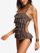 Shein Leopoard Halter Tiered Ruffle One-piece Swimwear