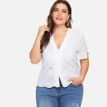 Shein Plus Ruffle Cuff Button Up Cut Out Blouse