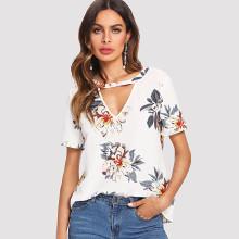 Shein V Cut Neck Keyhole Back Floral Top