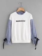 Shein Bow Tie Striped Sleeve Mixed Media Pullover