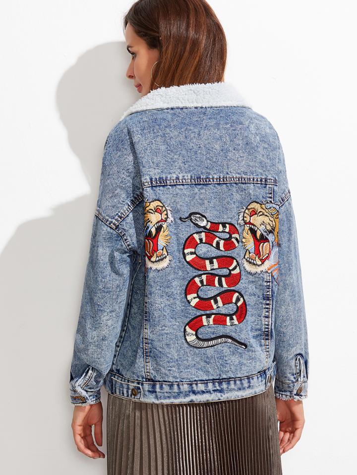 Shein Blue Drop Shoulder Bleached Embroidered Sherpa Lined Denim Jacket