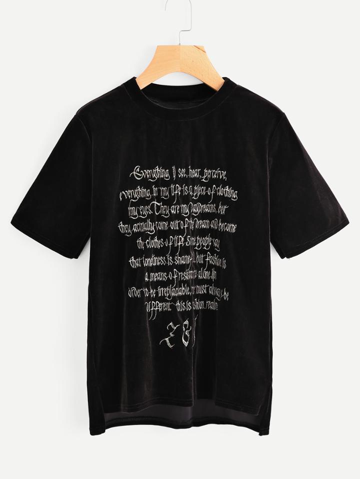 Shein Slogan Embroidered Velvet Tee
