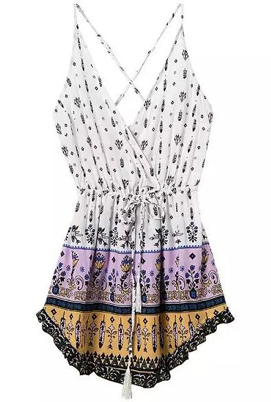 Shein White Purple Spaghetti Strap Backless Floral Dress