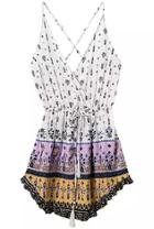 Shein White Purple Spaghetti Strap Backless Floral Dress