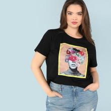 Shein Plus Graphic Print Fringe Embellished Tee