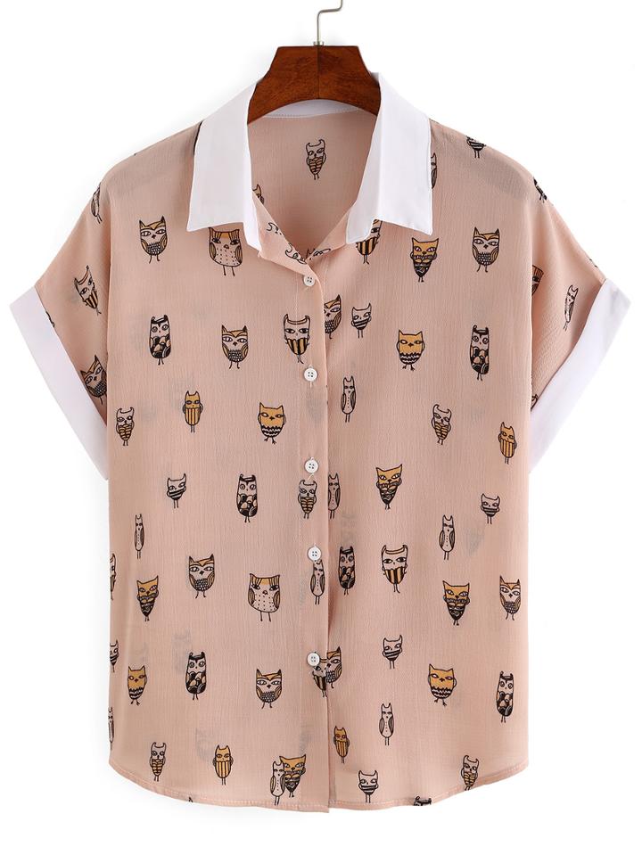 Shein Contrast Collar & Sleeve Owl Print Blouse