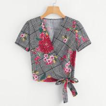 Shein Glen Plaid Florals Wrap Top