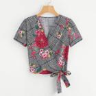 Shein Glen Plaid Florals Wrap Top