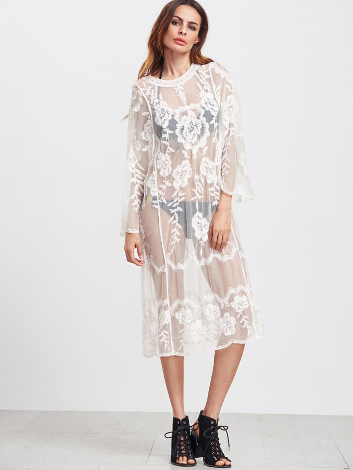 Shein White Long Sleeve Sheer Embroidered Mesh Dress