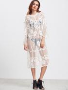 Shein White Long Sleeve Sheer Embroidered Mesh Dress
