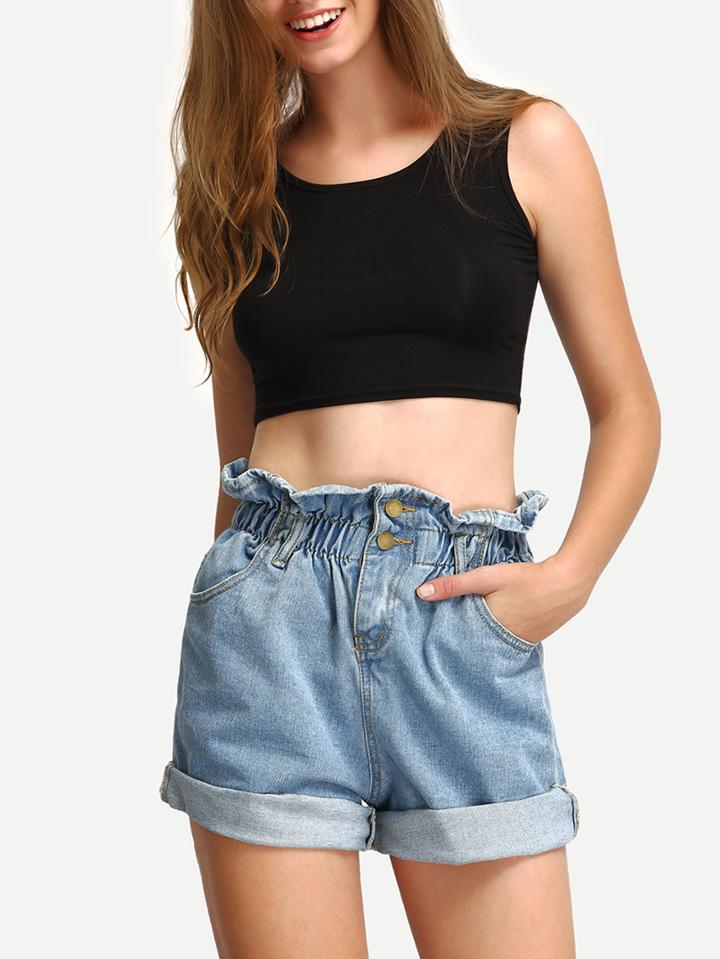 Shein Ruffled Elastic Waist Rolled Hem Denim Shorts
