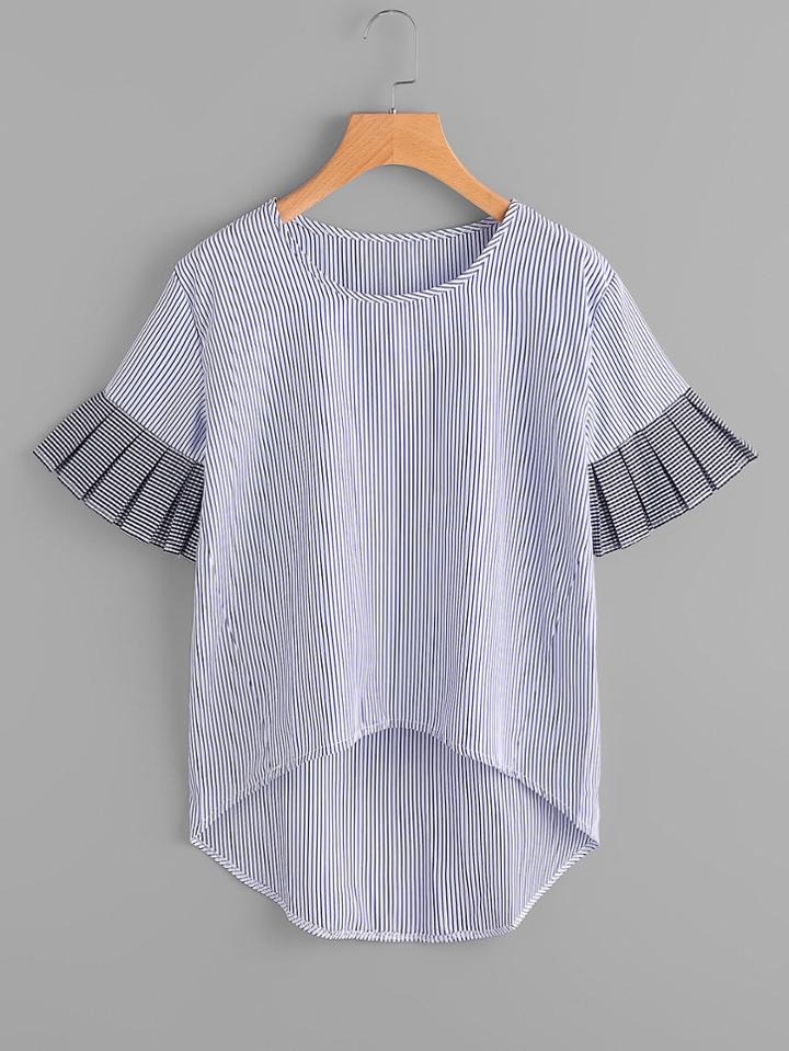 Shein Contrast Gingham Frill Trim Dip Hem Striped Blouse
