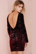 Shein Wine Red Long Sleeve Sequined Backless Dress