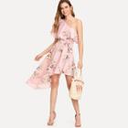 Shein Flounce Trim One Shoulder Asymmetrical Belted Dress