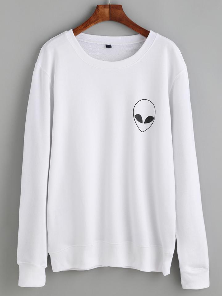 Shein White Alien Print Long Sleeve Sweatshirt