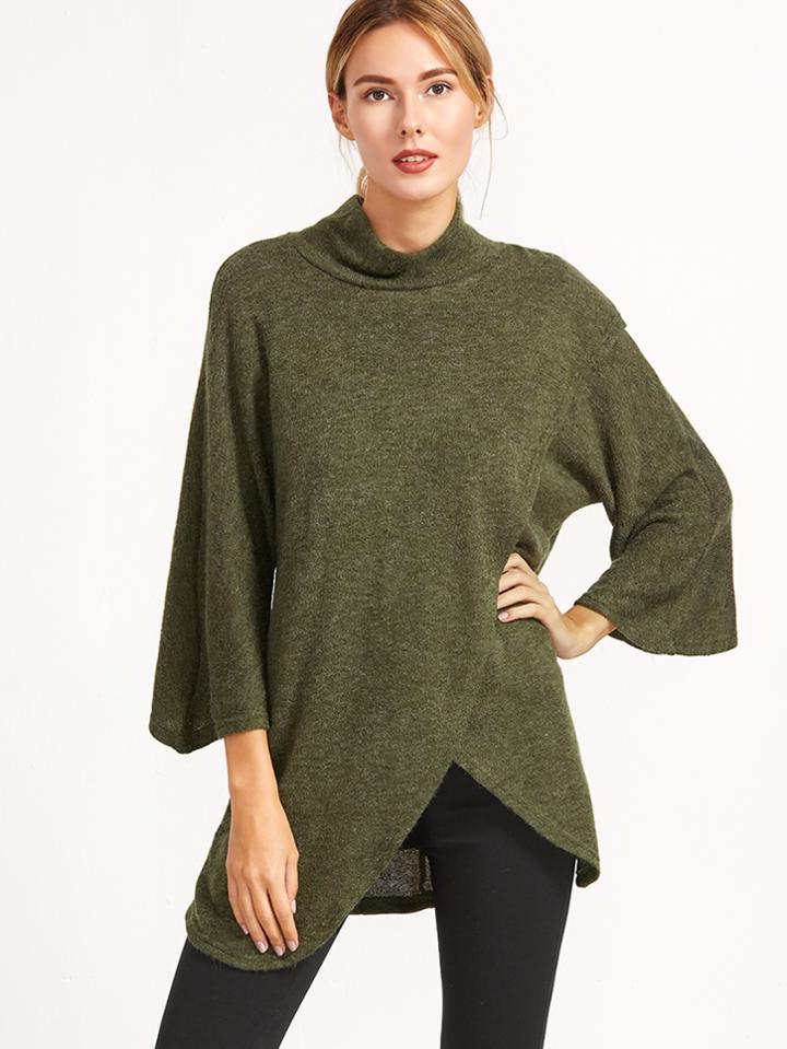 Shein Army Green Cowl Neck Raglan Sleeve Wrap Front Sweater