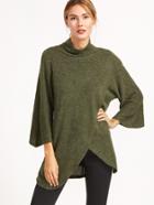 Shein Army Green Cowl Neck Raglan Sleeve Wrap Front Sweater
