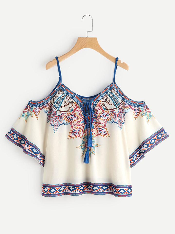 Shein Open Shoulder Aztec Print Lace Up Top