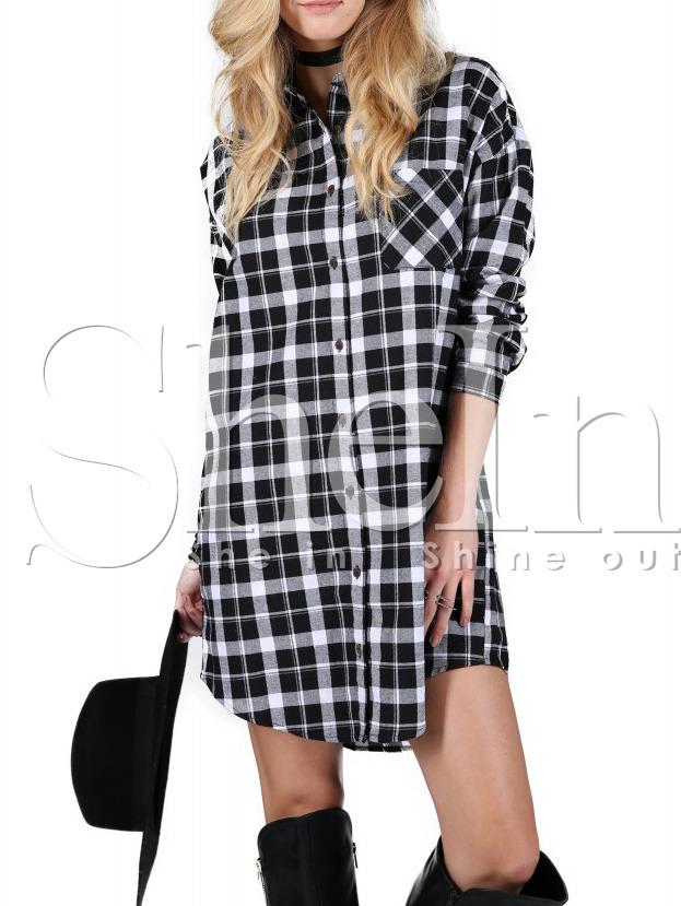 Shein Black White Long Sleeve Lapel Grid Blouses Plaid Dress