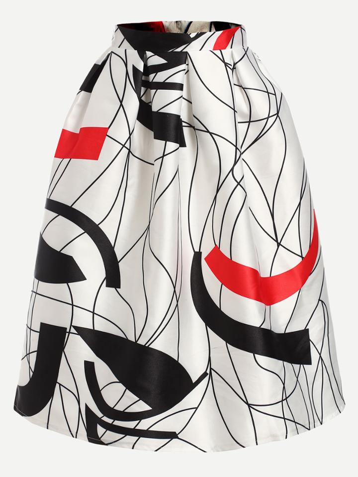 Shein White Abstract Print Box Pleated Volume Skirt