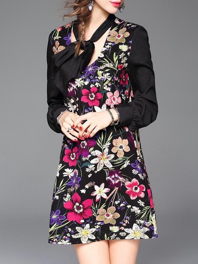 Shein Black Tie Neck Floral Shift Dress