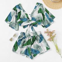 Shein Self Tie Tropical Print Top With Shorts