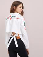 Shein Flower Embroidered Hidden Placket Open Back Blouse