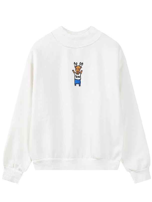 Shein White Round Neck Cartoon Deer Embroidered Sweatshirt