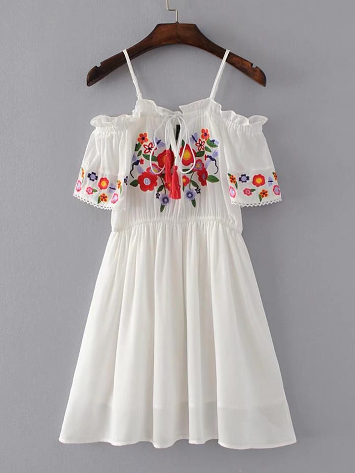 Shein Cold Shoulder Tassel Tie Frill Trim Embroidery Dress
