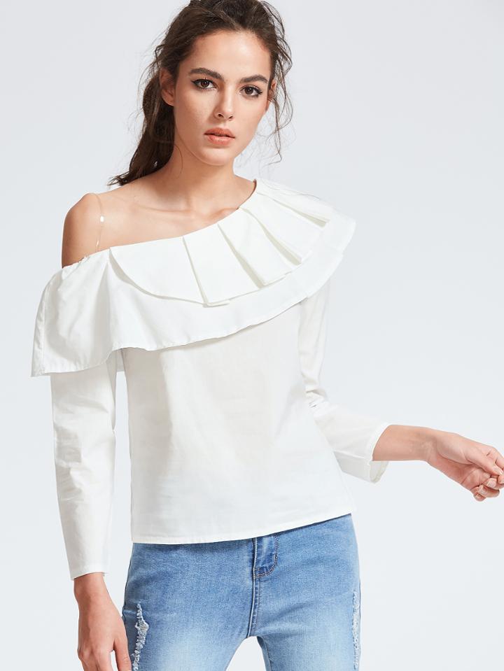 Shein White One Shoulder Ruffle Trim Blouse
