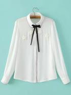 Shein White Contrast Trims Bow Collar Stars Pattern Blouse