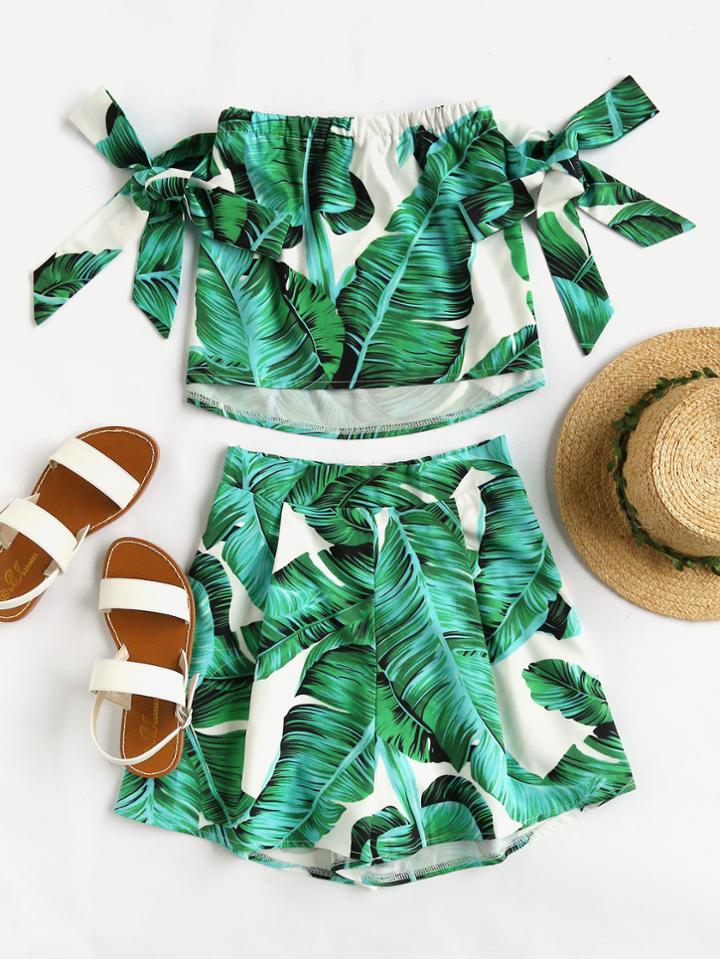 Shein Bardot Sash Tie Sleeve Random Crop Top With Shorts