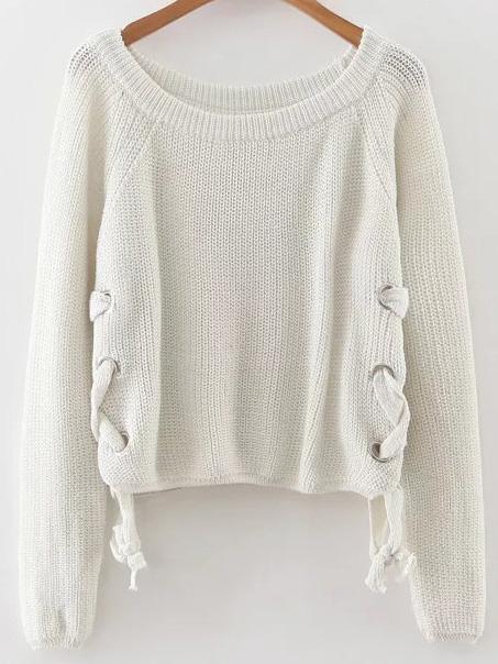 Shein White Eyelet Lace Up Loose Sweater