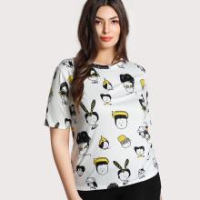 Shein Plus Allover Cartoon Portrait Print T-shirt