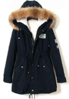 Shein Navy Raux Fur Trim Hooded Drawstring Parka