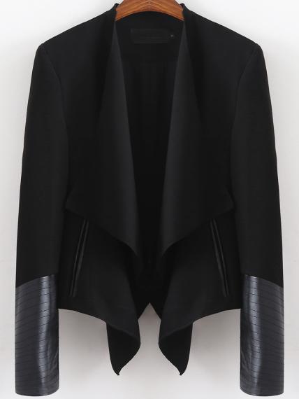 Shein Black Long Sleeve Contrast Pu Leather Crop Blazer