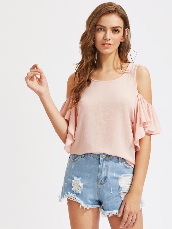 Shein Open Shoulder Ruffle Sleeve Top