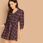 Shein Buttoned V Neck Plaid Dress