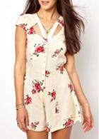 Rosewe Charming Hollow Design V Neck Rompers With Flower Print
