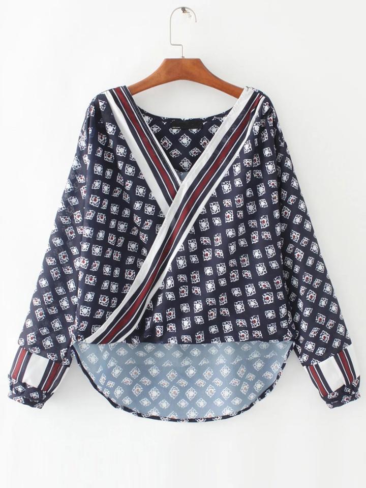 Shein Multicolor Striped Trim Dip Hem Wrap Blouse
