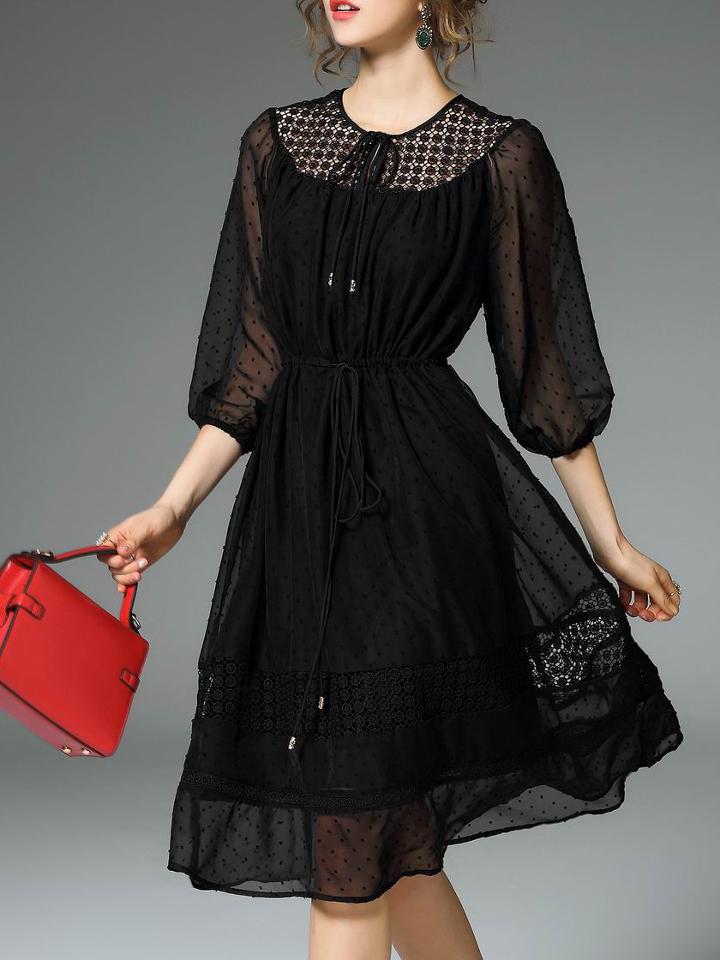 Shein Black Tie Neck Embroidered Drawstring Dress