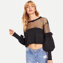 Shein Eyelet Mesh Yoke Ruffle Detail Pullover